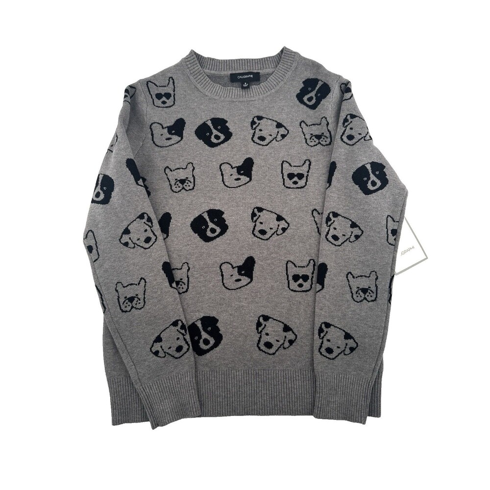 Anthropologie Calligraphie Women's Gray Dog Print Crewneck Pullover Sweater S